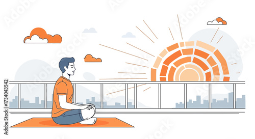 Man practicing yoga in a serene urban environment with sunrise from balcony meditation and