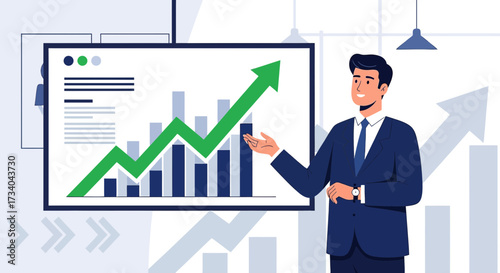 Man presenting positive business growth and financial success with a graph and chart illustration