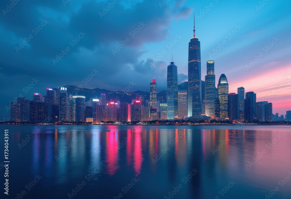 Fototapeta premium Vibrant City Skyline Illuminated by Dusk Skyline and Crystal Clear Reflection in Serene Water