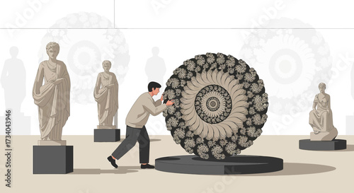 Man pushing the limits of art installation in a modern museum displaying spiral artwork