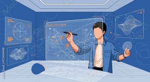 Man using augmented reality interface for space exploration and time travel simulation in a modern