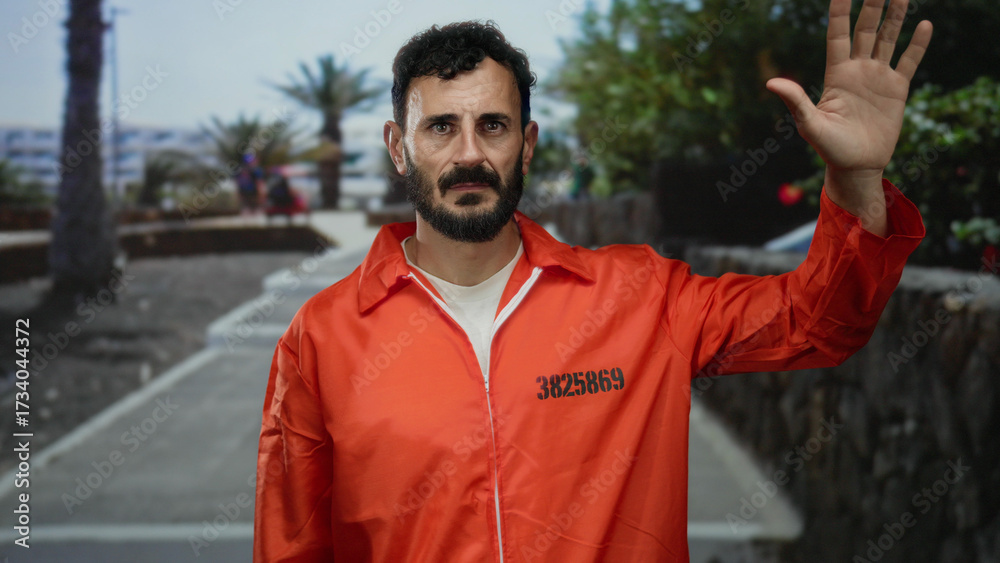 Naklejka premium Hispanic man in orange prison jumpsuit outdoors raising hand on a street lined with palm trees and greenery, creating a contrast between confinement and freedom.