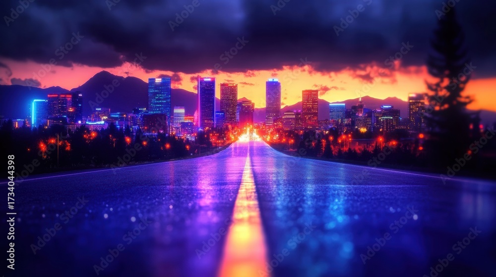 Fototapeta premium Landscape photograph city skyline night sky filled dark A vibrant