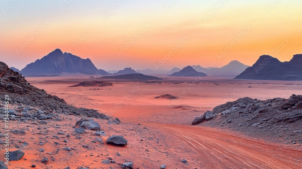Naklejka premium Landscape photograph desert-like area vast expanse red sand Wadi Rum desert