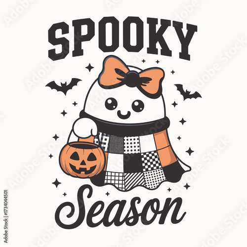 spooky season, cute halloween ghost, kawaii ghost illustration, halloween pumpkin bucket, halloween ghost design, adorable halloween character, halloween patchwork blanket, halloween pastel ghost, hal