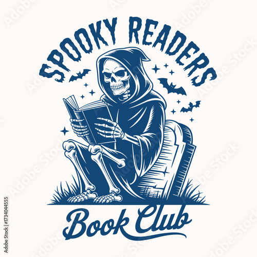 halloween spooky readers book club illustration with skeleton in cloak reading book on gravestone surrounded by bats stars and gothic night atmosphere perfect for scary fun seasonal t shirt design pos