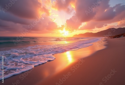 Vibrant Serene Beach Sunset Drenched in Colorful Skies Over Waves and Soft Sands