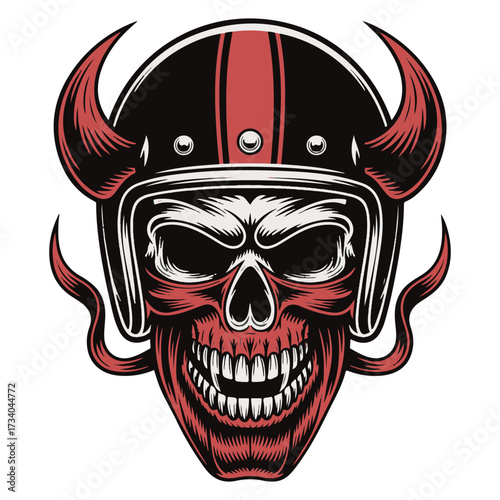 Vintage Biker Skull in Helmet with Devil Horns and Tusk Vector