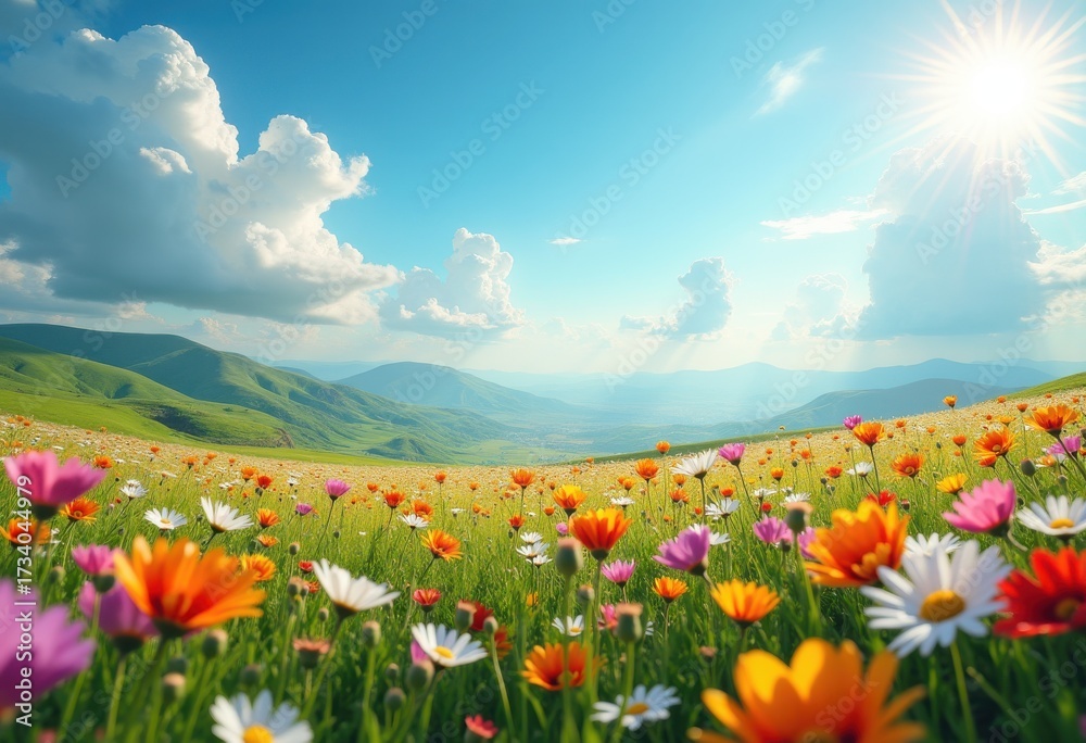 Fototapeta premium Vibrant Wildflower Field Under Bright Blue Sky with Fluffy White Clouds in Tranquil Nature Landscape