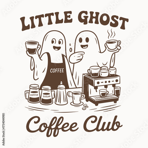 cute halloween ghost coffee club illustration with funny cartoon ghosts drinking espresso and cappuccino in retro cafe style barista artwork with coffee machine cups and café elements.
