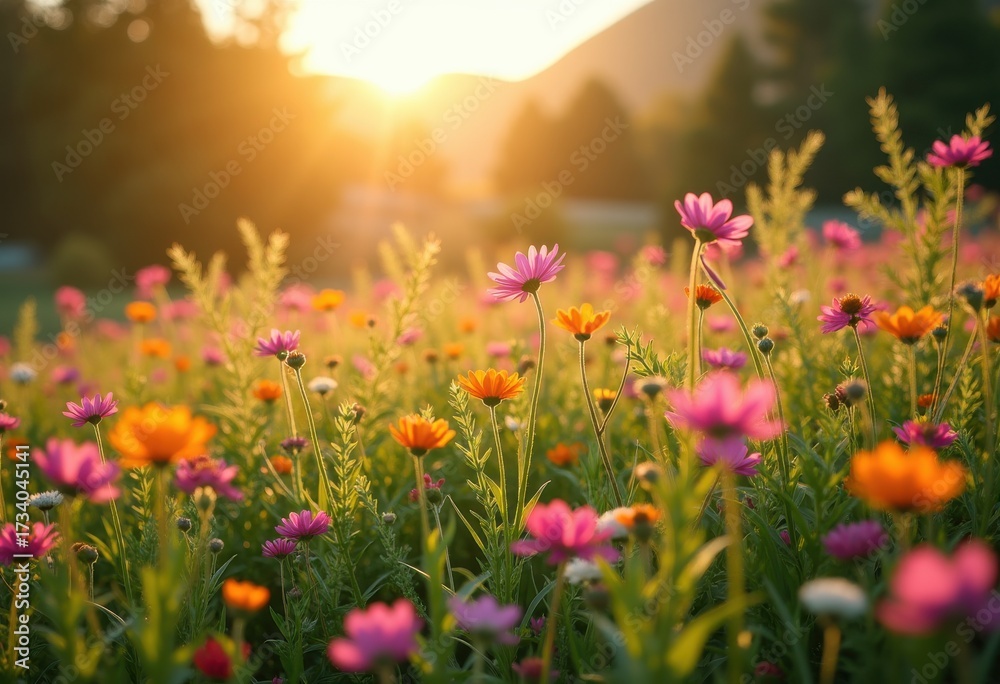 Obraz premium Vibrant Wildflower Meadow Full Bloom Colorful Flora Scenic Seaside Pastoral Bliss Nature Escape