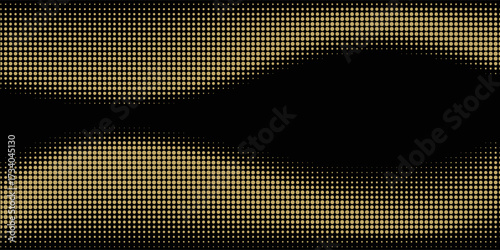 Abstract luxury banner with golden glittering dots on black background. Sparkling glitter bottom border, vector frame. Halftone effect. Magical gold dust. Pop art style backdrop.