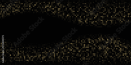 Abstract luxury banner with golden glittering dots on black background. Sparkling glitter bottom border, vector frame. Halftone effect. Magical gold dust. Pop art style backdrop.