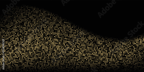 Abstract luxury banner with golden glittering dots on black background. Sparkling glitter bottom border, vector frame. Halftone effect. Magical gold dust. Pop art style backdrop.