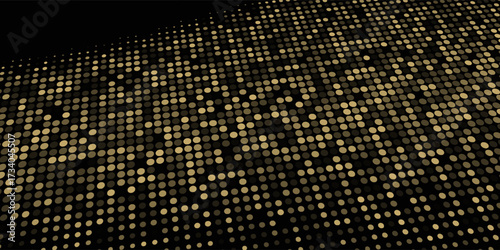 Abstract luxury banner with golden glittering dots on black background. Sparkling glitter bottom border, vector frame. Halftone effect. Magical gold dust. Pop art style backdrop.