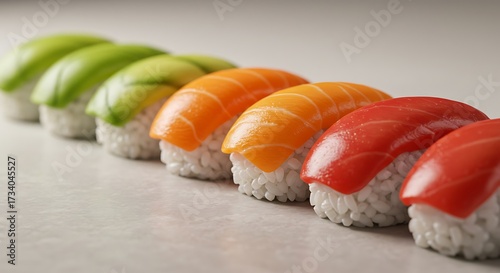 Close-up of vegan sushi pieces aligned in a gradient of colors, from green avocado to orange carrots and red peppers, glossy textures, artistic food photography, zen atmosphere.