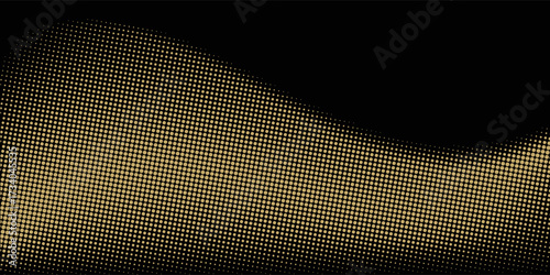 Abstract luxury banner with golden glittering dots on black background. Sparkling glitter bottom border, vector frame. Halftone effect. Magical gold dust. Pop art style backdrop.