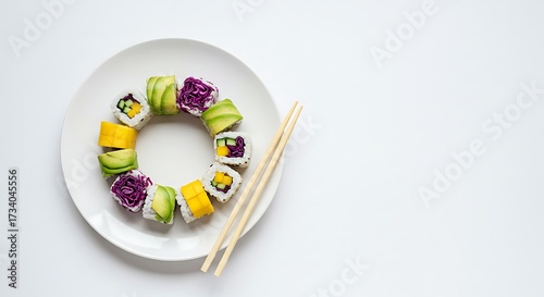 A minimalist composition of vegan sushi rolls artistically arranged in a perfect circle on a white plate, vibrant colors of avocado, mango, cucumber and purple cabbage, chopsticks resting delicately, 