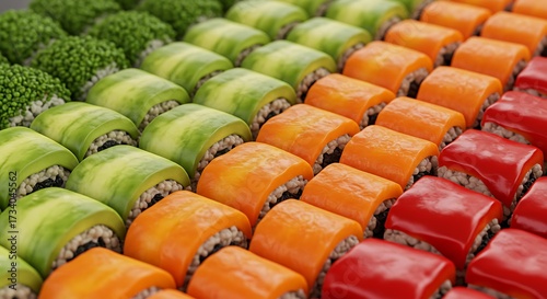 Close-up of vegan sushi pieces aligned in a gradient of colors, from green avocado to orange carrots and red peppers, glossy textures, artistic food photography, zen atmosphere.