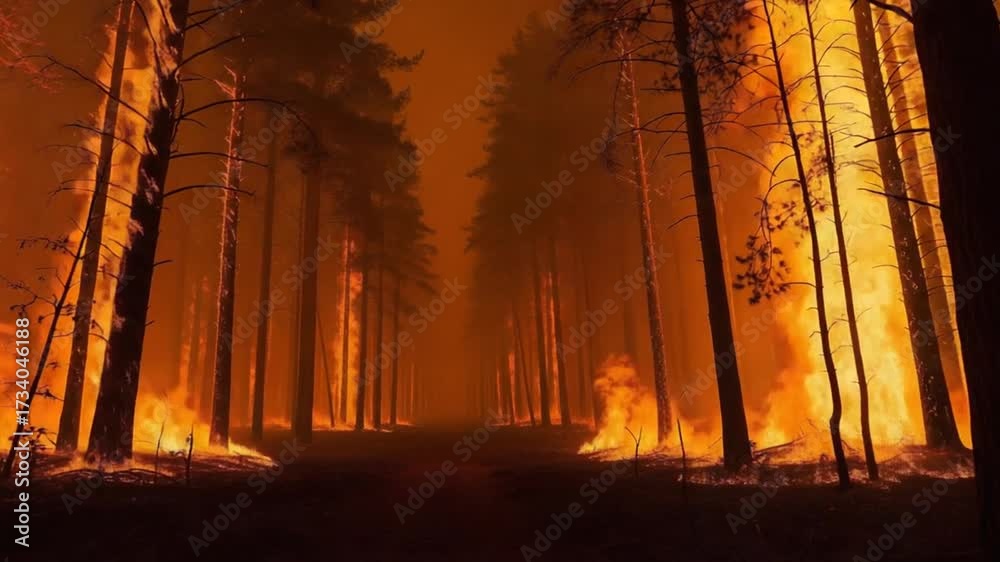 Forest Fire Inferno: Towering Flames Engulfing Trees in a Devastating ...