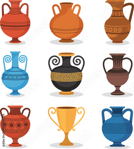 Ancient vase and urn vector set with cultural pottery designs, decorative ceramic shapes, historical art styles, and traditional vessel illustrations