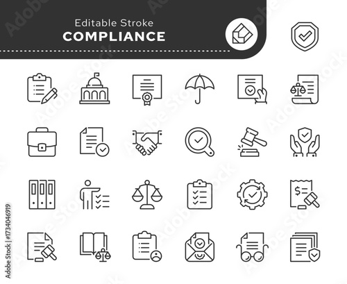 Compliance line icon set. Regulation, governance, policy, management, control, transparency, ethic, requirement, permission and more . Outline icon in linear style. Vector collection.	