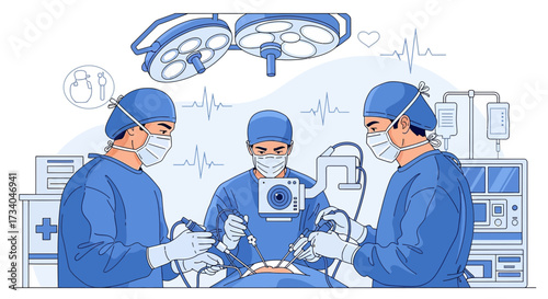 Medical professionals performing a laparoscopic surgery illustration vector graphic in operating