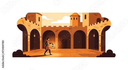Medieval Castle Courtyard Illustration with Guard Carrying Lantern at Night or Evening Scene