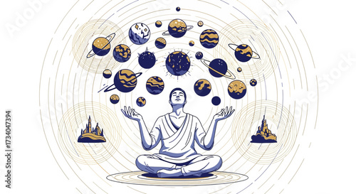 Meditation and cosmic harmony illustration featuring planets and spiritual connection with universe