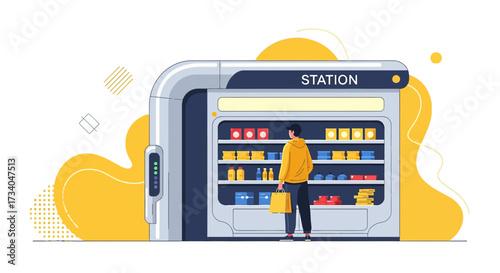 Modern Automated Retail Station with Customer, Illustration of future vending machine concept