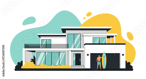 Modern coastal home with surfer and surfboard exudes a relaxed lifestyle and architectural elegance