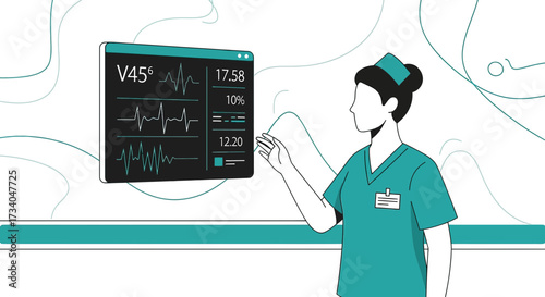 Modern medical illustration depicting a nurse analyzing patient data on a digital display