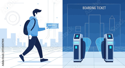 Modern Transportation Illustration: Man with Smart Ticket Entering Gateways in the City