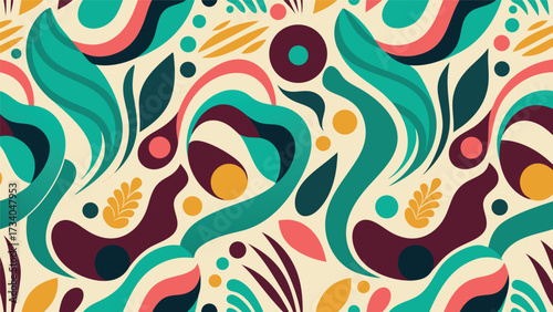 Vibrant abstract organic pattern seamless repeating design in teal green orange and pink