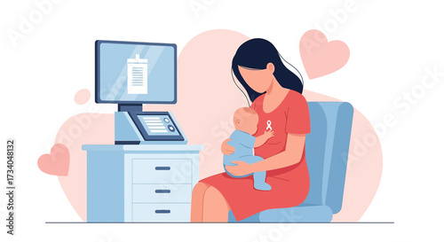 Mother breastfeeding baby at the clinic for medical checkup and healthcare screening  illustration