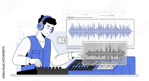 Musician creating electronic music and audio production with sound design software and a