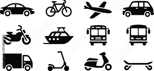 Black and white icons of various modes of transportation Keywords: transportation, vehicle, car
