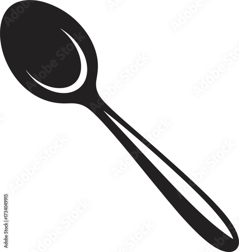 Black silhouette of a spoon with a curved handle and oval bowl utensil cutlery