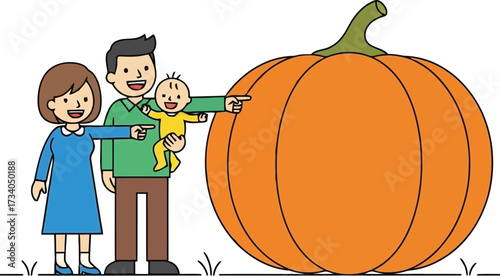 Happy family picks giant pumpkin for autumn fun and halloween celebration
