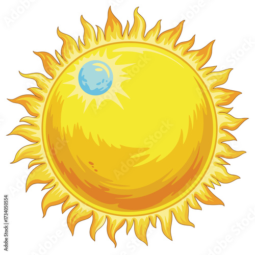 Vibrant Yellow Sun with Flames and Sunspots Illustration