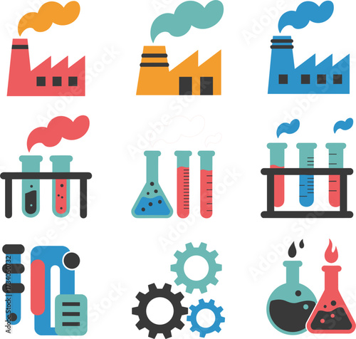 Collection of Flat Design Icons for Industry and Science factory building