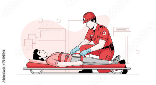 Paramedic securing a patient on a stretcher with care in an emergency scenario portraying medical