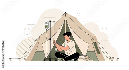Person receiving intravenous fluids while sitting inside a camping tent illustration