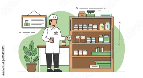 Pharmacist organizing medications in a pharmacy or dispensary setting illustration