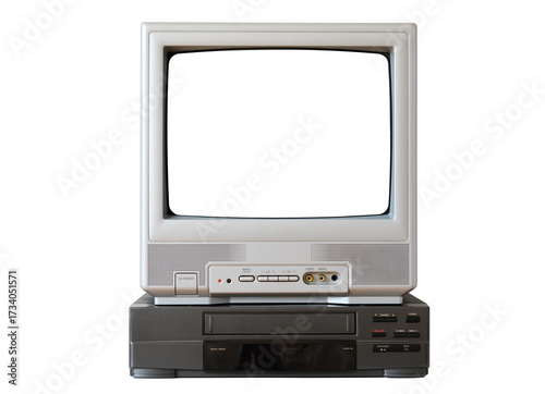Old vintage TV with white screen and VCR from the 1980s, 1990s, 2000s, isolated on white background.