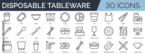 Set of 30 outline icons related to disposable tableware. Linear icon collection. Editable stroke. Vector illustration