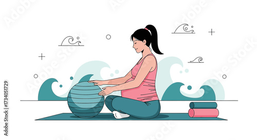Pregnant woman exercising with fitness ball and relaxing in a calm atmosphere illustration