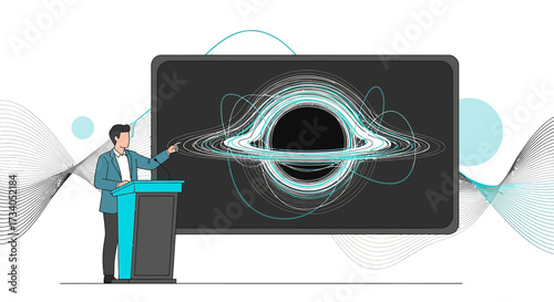 Presentation on black holes by a speaker standing at a podium explaining the concept