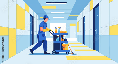 Professional cleaner pushing cleaning cart in office hallway illustration background design