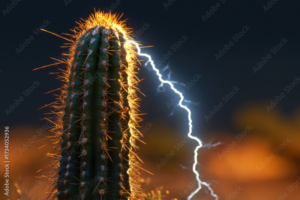 Naklejka premium A striking saguaro cactus illuminated by a powerful lightning bolt during a dark desert storm. Nature's raw energy captured in a dramatic arid landscape.